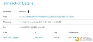 数据：34,999枚TH 从Coinbas转移到未知钱包
