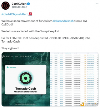 OA账户地址 0Dbdf 已将资金转至Tornado Cash
